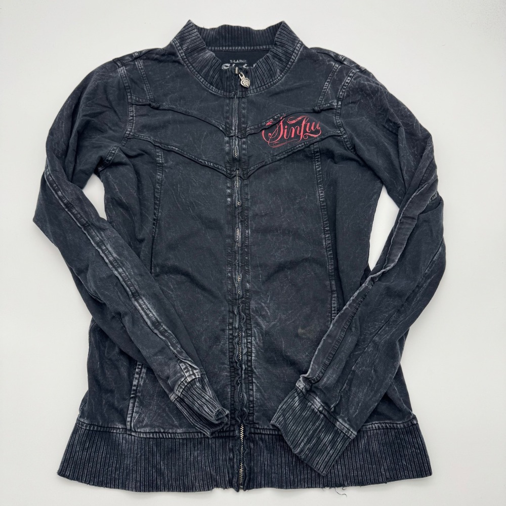 Sinful by Affliction Womens XL Black Mineral Wash Angel Wings Zip Track Jacket